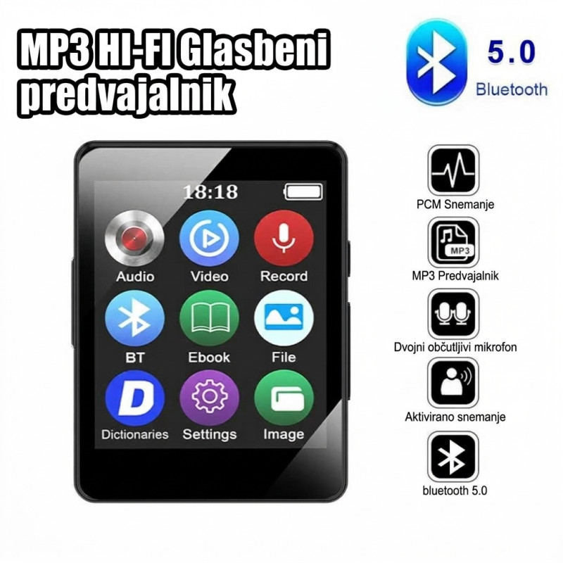 MP3/MP4 PREDVAJALNIK, BLUETOOTH, LED ZASLON, SNEMALNIK ZVOKA